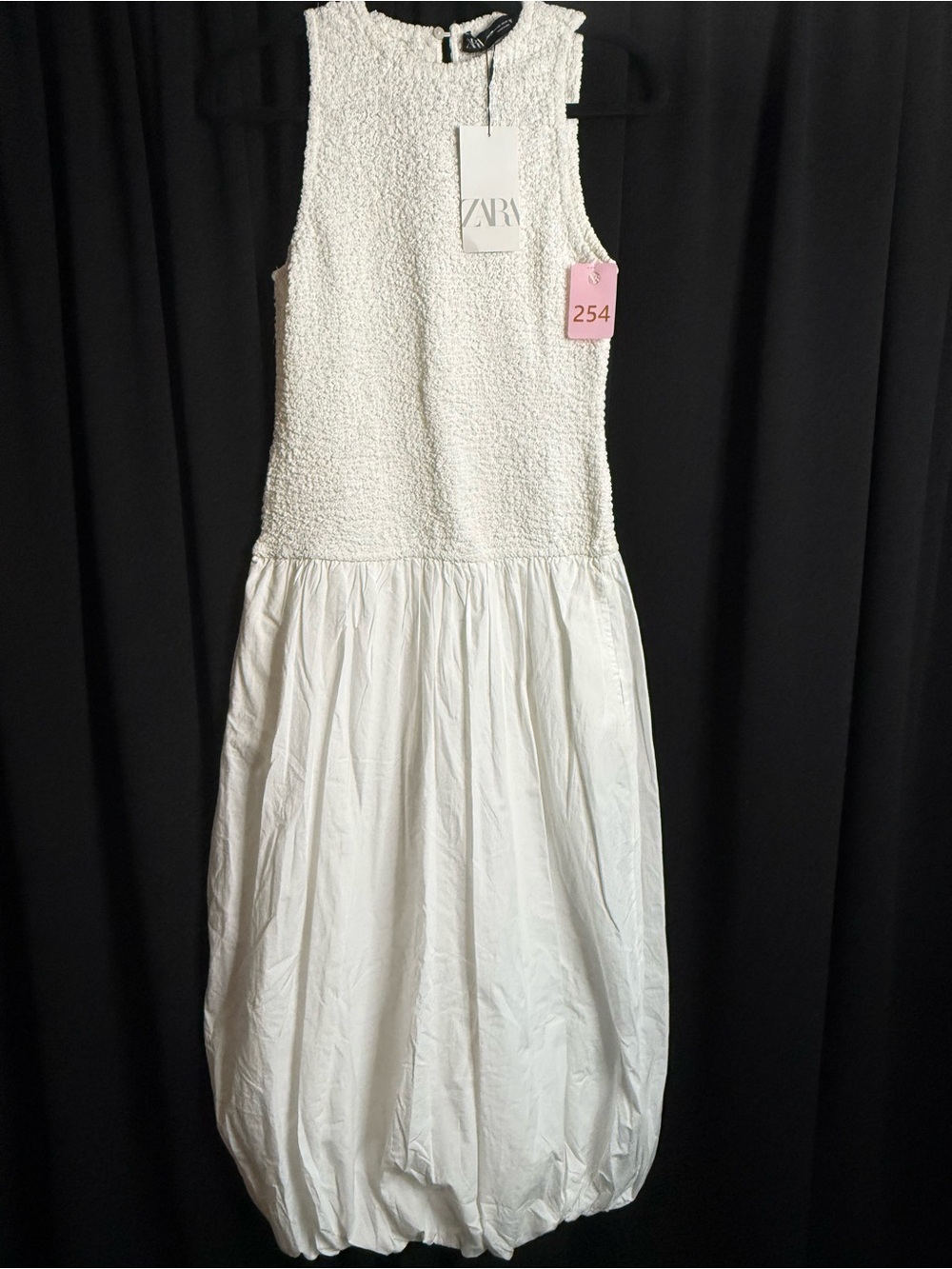Zara White Textured Bubble Hem Dress